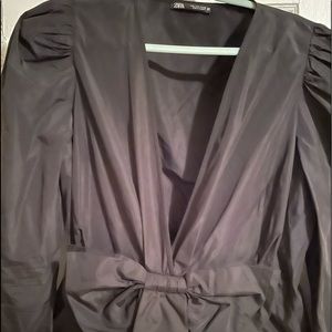 Zara black silk bow front long sleeve blouse in size large
